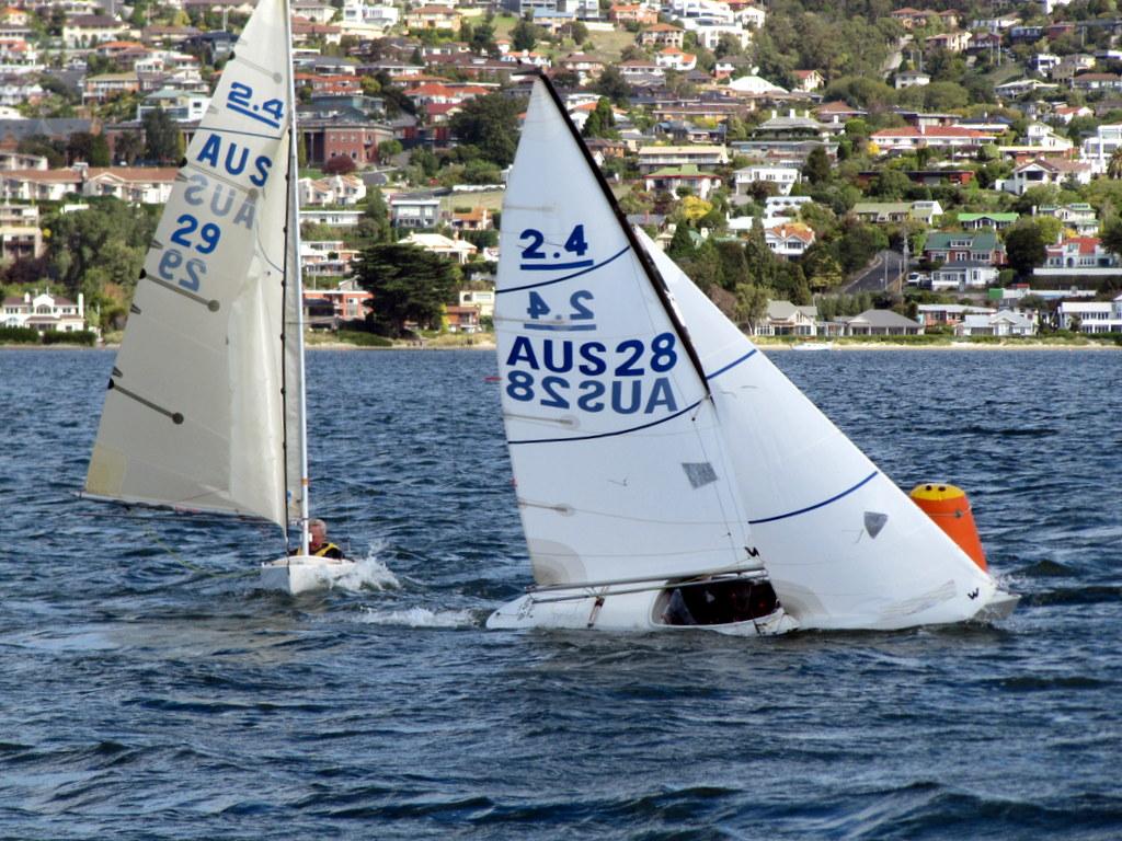 Canberra veteran Peter Russell leads around the leeward mark in Jeelka in the Australian championship for the International 2.4mR class in Hobart © Peter Campbell